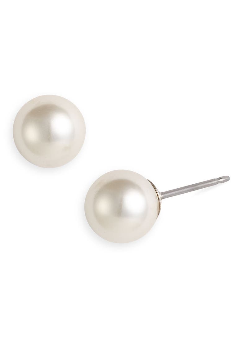 Glass Pearl Stud Earrings, Main, color, WHITE PEARL/ SILVER