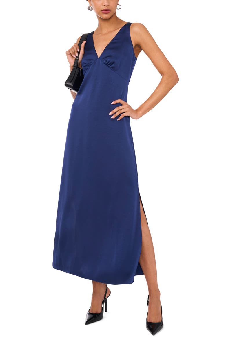 V-Neck Satin Midi Dress, Alternate, color, INDIGO NIGHT