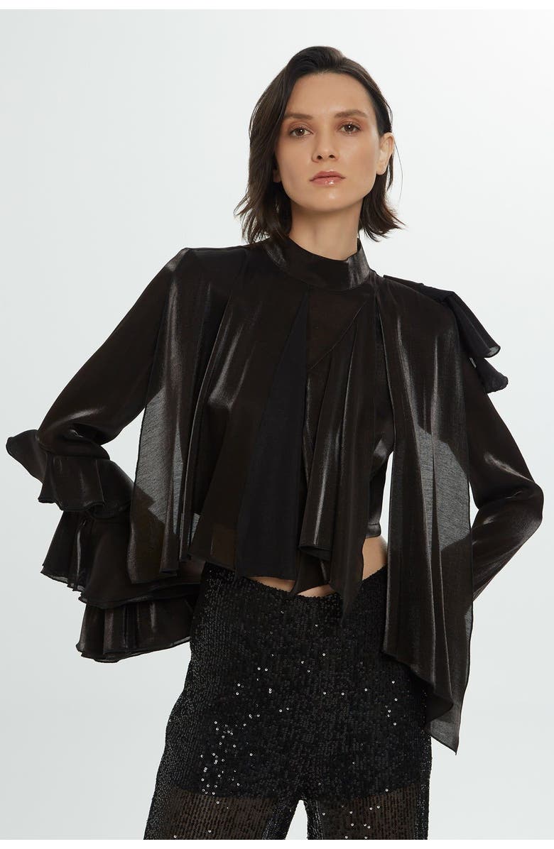 Gizia Back Zipper Ruffled Detail Black Blouse, Main, color, Black