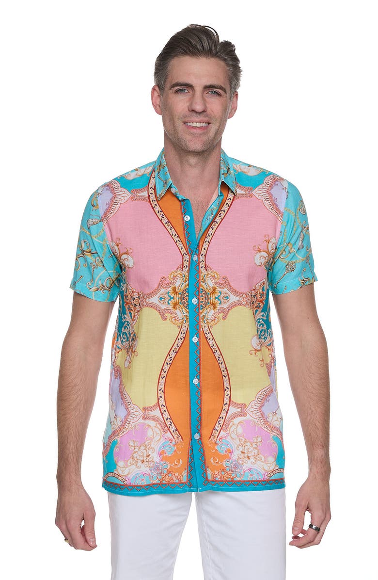 RANEES Printed Linen & Cotton Shirt, Alternate, color, Blue/ Green Multi