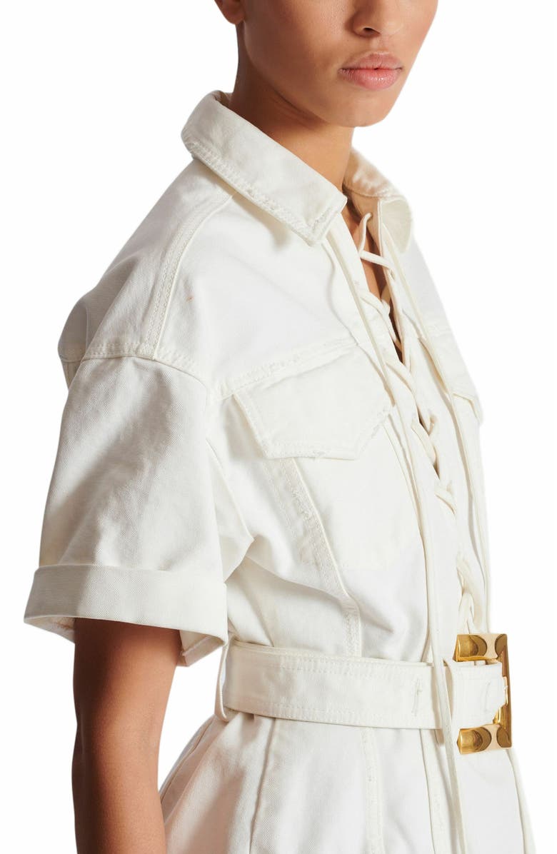 Balmain Short Lace-Up Canvas Dress, Alternate, color, White