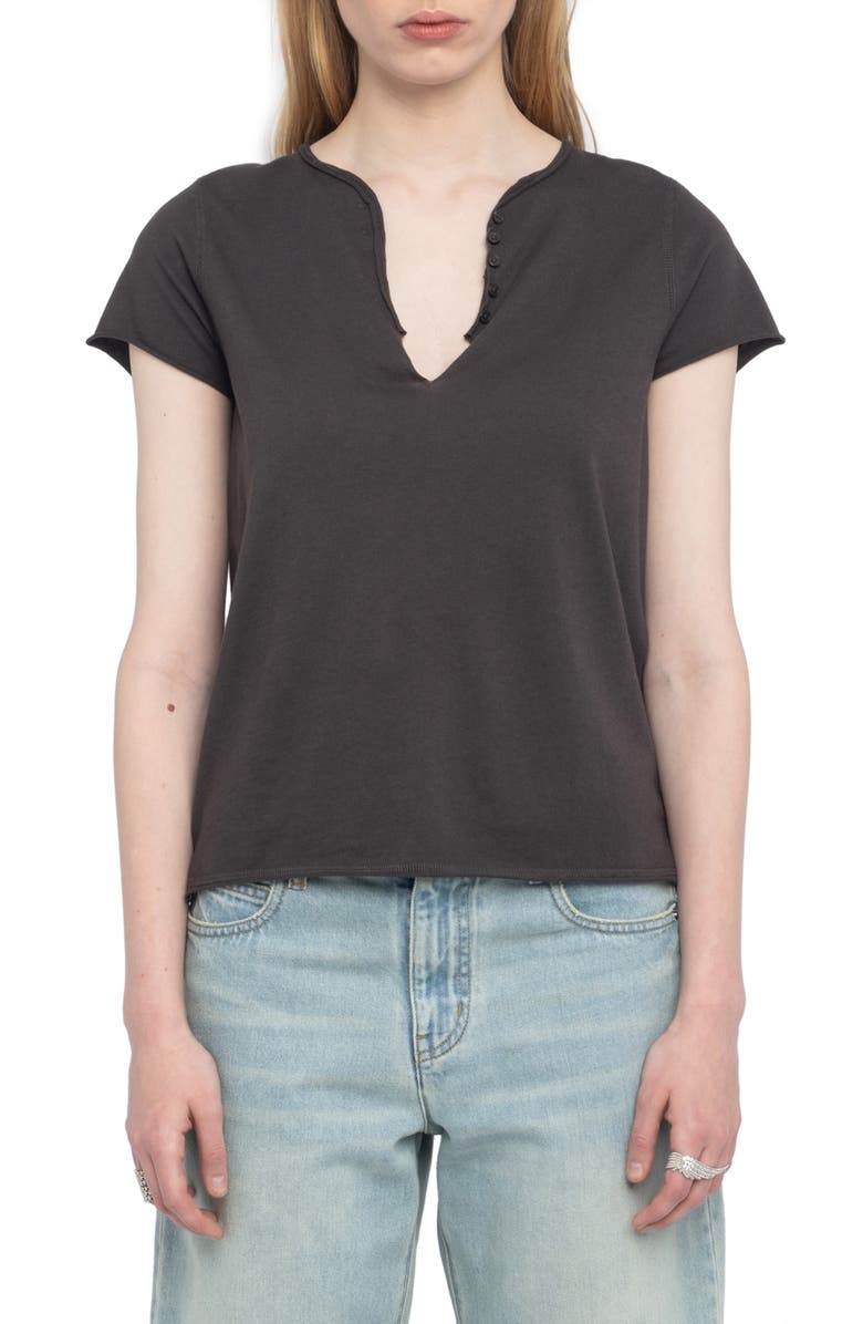 Zadig & Voltaire Tuni Wings Strass Embellished Keyhole Cotton Graphic T-Shirt, Main, color, Dark Chocolate