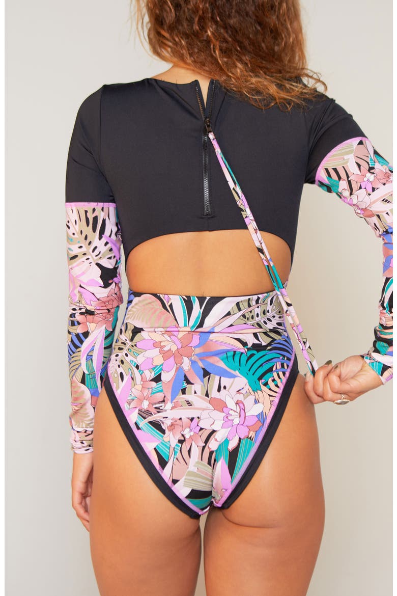 Palm Paradise Long Sleeve One-Piece Swimsuit, Alternate, color, BLACK MULTI