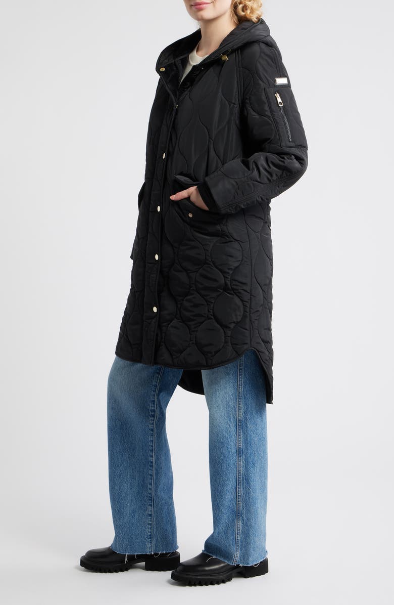 BCBG Onion Quilted Hooded Long Coat, Alternate, color, Black