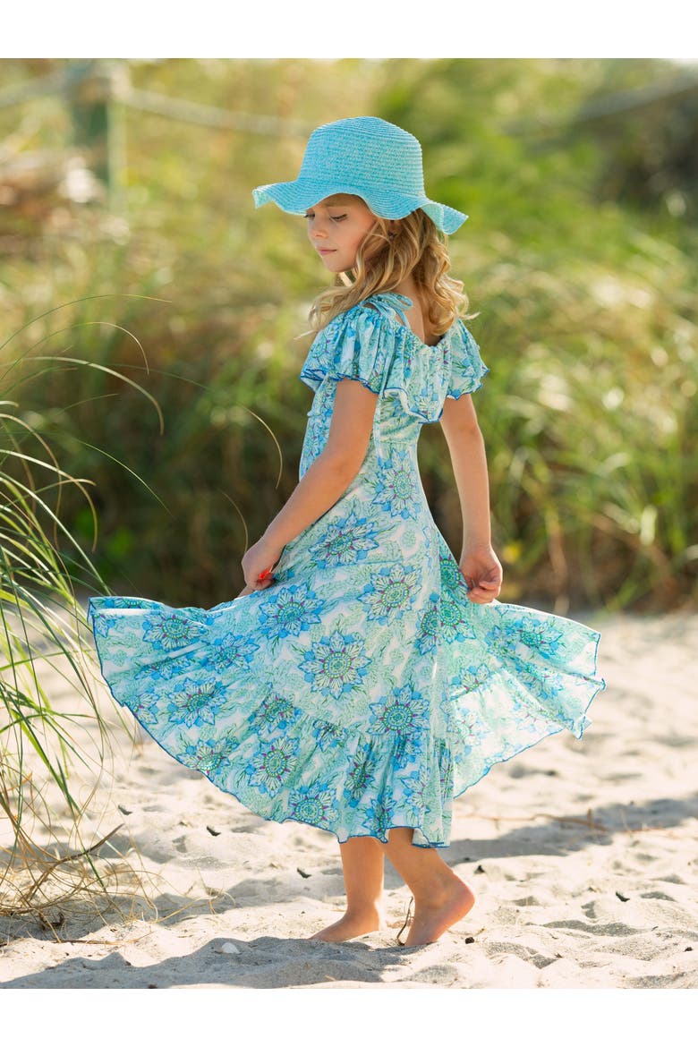 Girls Tropical Floral Bloom Ruffle Hi Lo Dress, Alternate, color, Blue