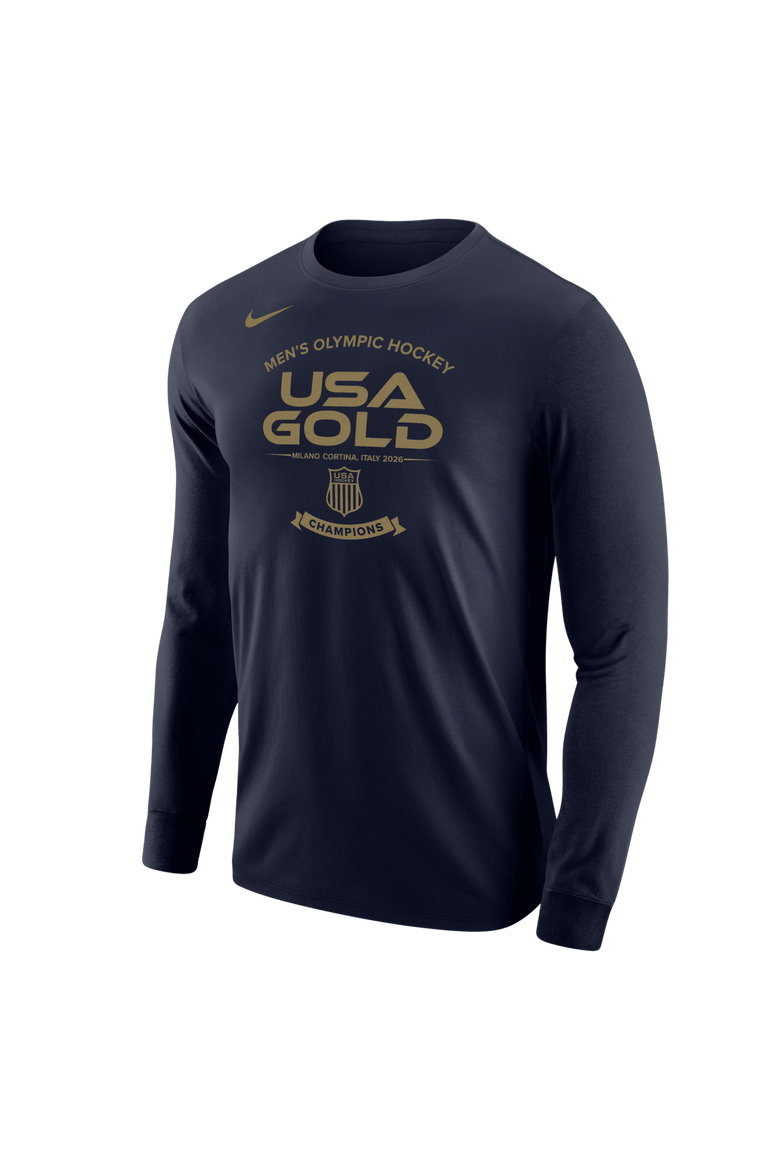 Men's Nike Navy Men's USA Hockey 2026 Winter Olympics Gold Medal Core Long Sleeve T-Shirt, Main, color, Navy