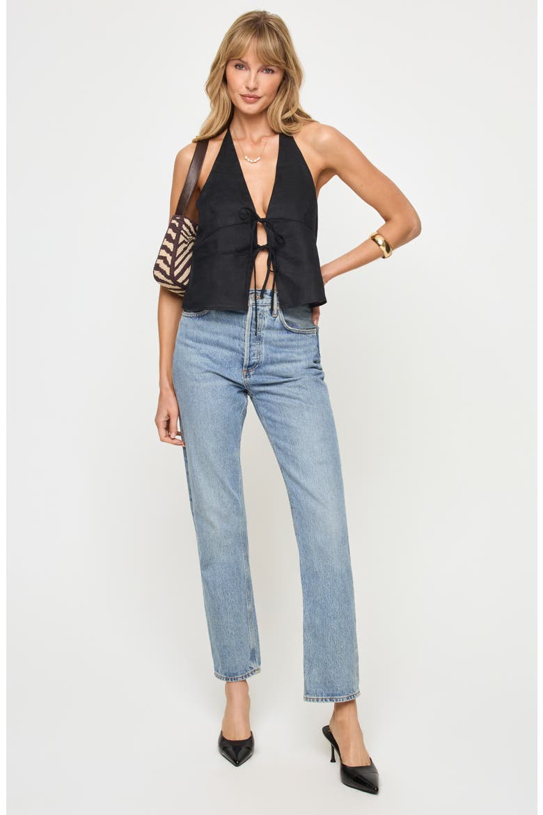 April Tie Front Halter Linen Cover-Up Top, Alternate, color, BLACK