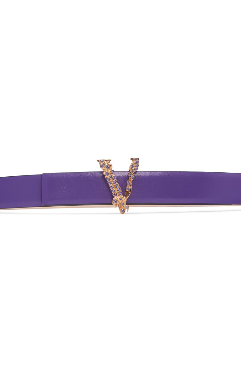 Versace Virtus Crystal Buckle Leather Belt, Alternate, color,