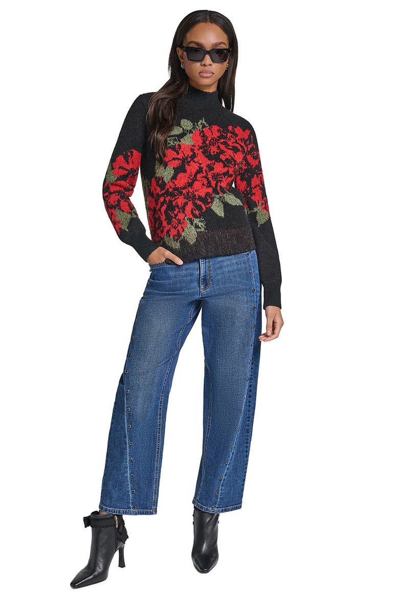 Rose Mock Neck Sweater, Alternate, color, BLACK/ ADMIRAL RED/ CYP GREEN