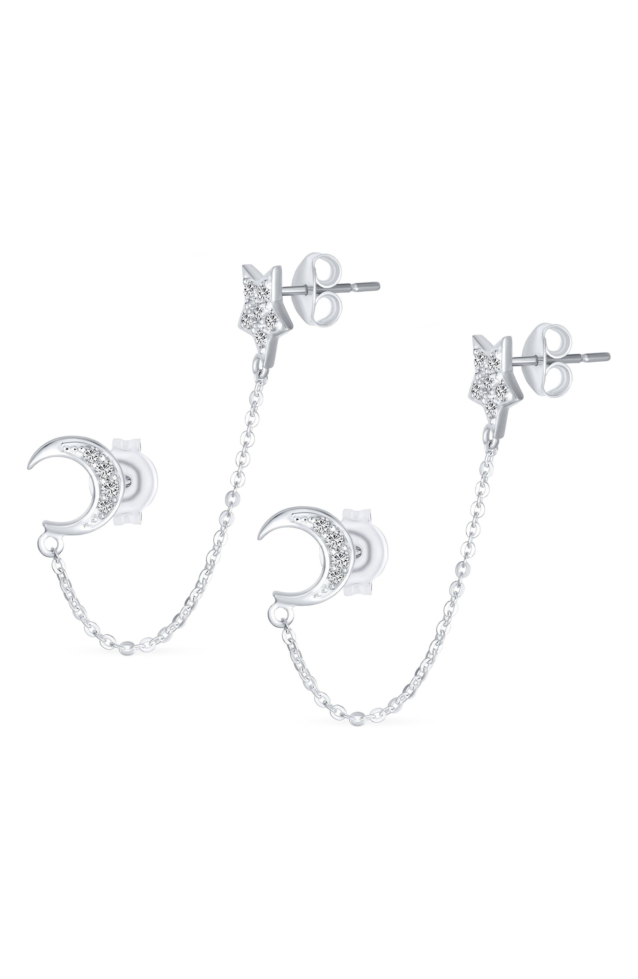 BLING JEWELRY Moon & Star Helix Chain Earring Set