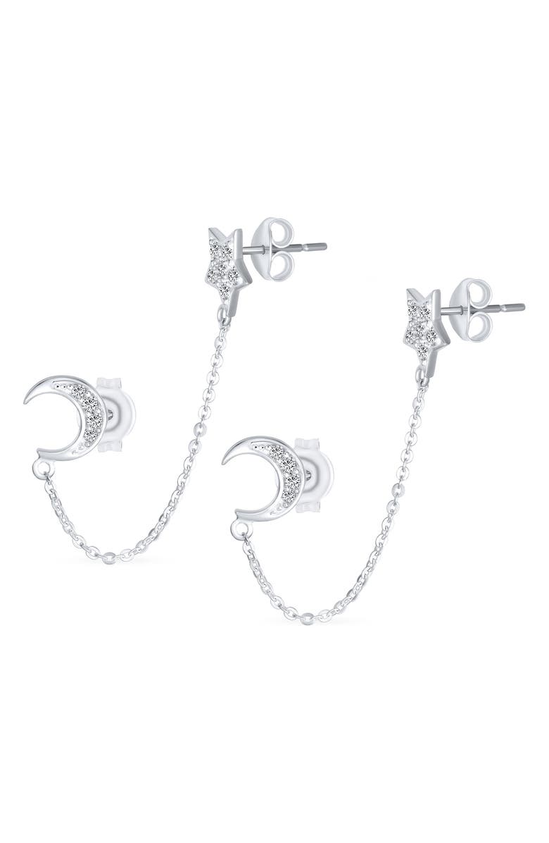 BLING JEWELRY Moon & Star Helix Chain Earring Set, Main, color, Clear