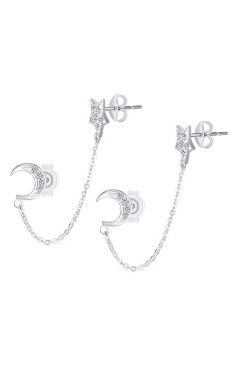 Moon & Star Helix Chain Earring Set
