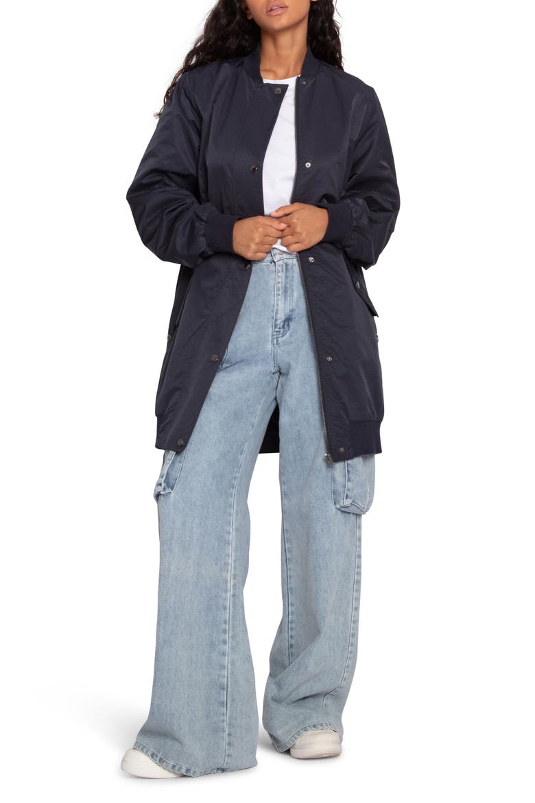 Chasing You Long Bomber Jacket, Main, color, NAVY