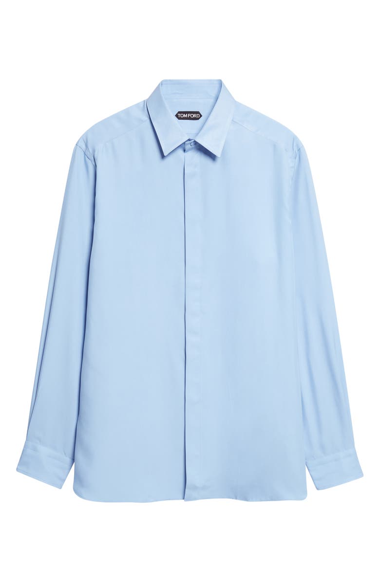 TOM FORD Classic Fit Enzymed Fluid Silk Twill Button-Up Shirt, Main, color, Lagoon