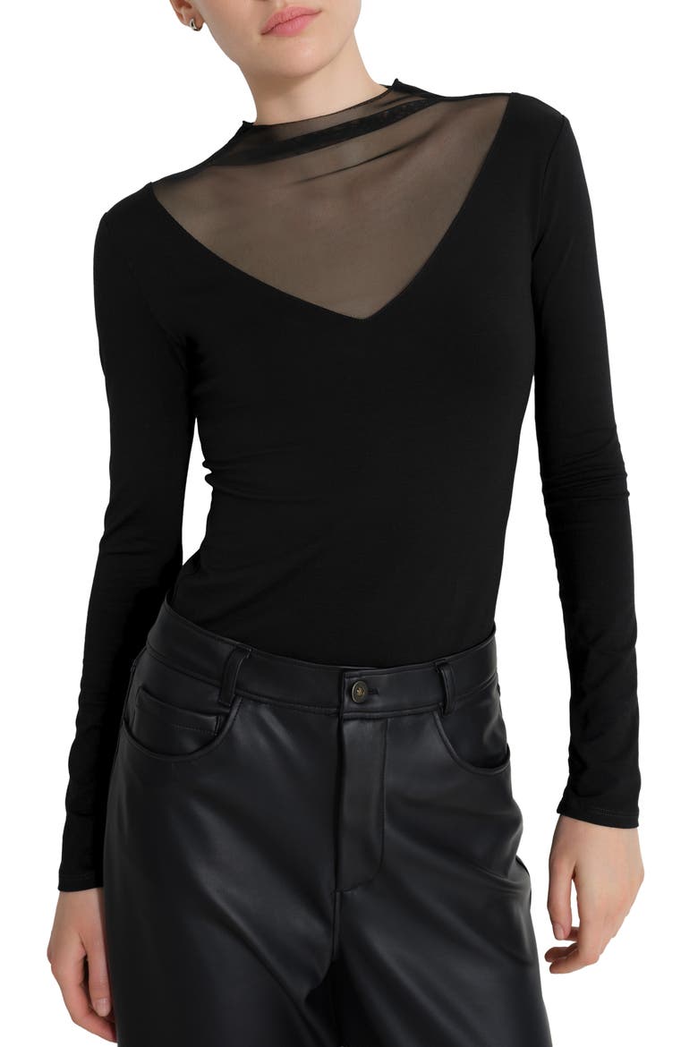 Saige Mesh Inset Long Sleeve Top, Main, color, BLACK