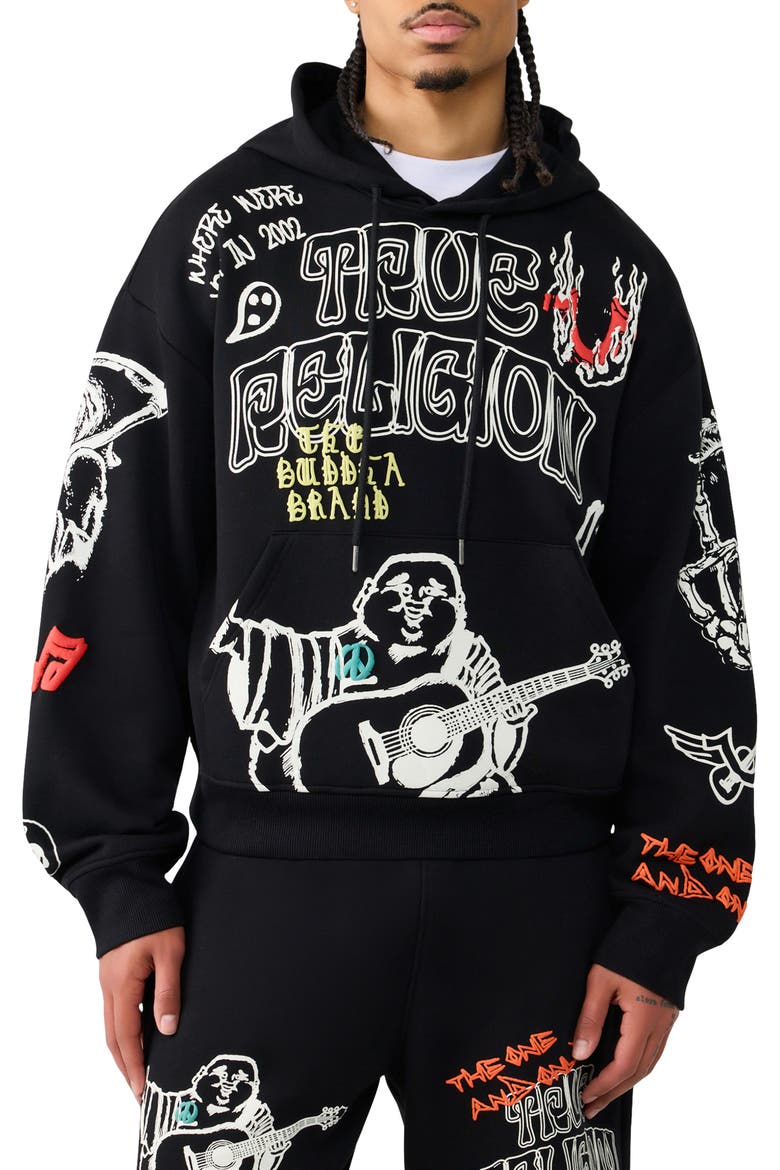 Sketch Logo Boxy Zip-Up Hoodie, Main, color, JET BLACK