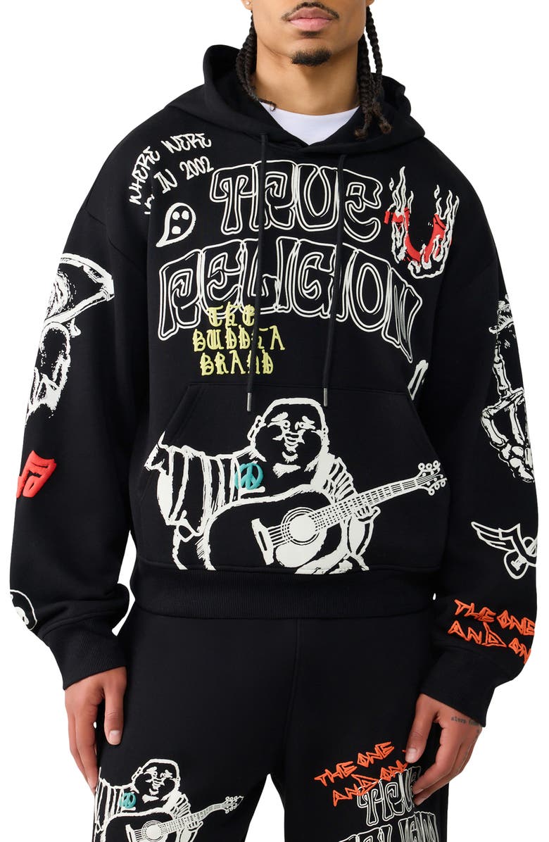 True Religion Sketch Logo Boxy Zip-Up Hoodie, Main, color, 