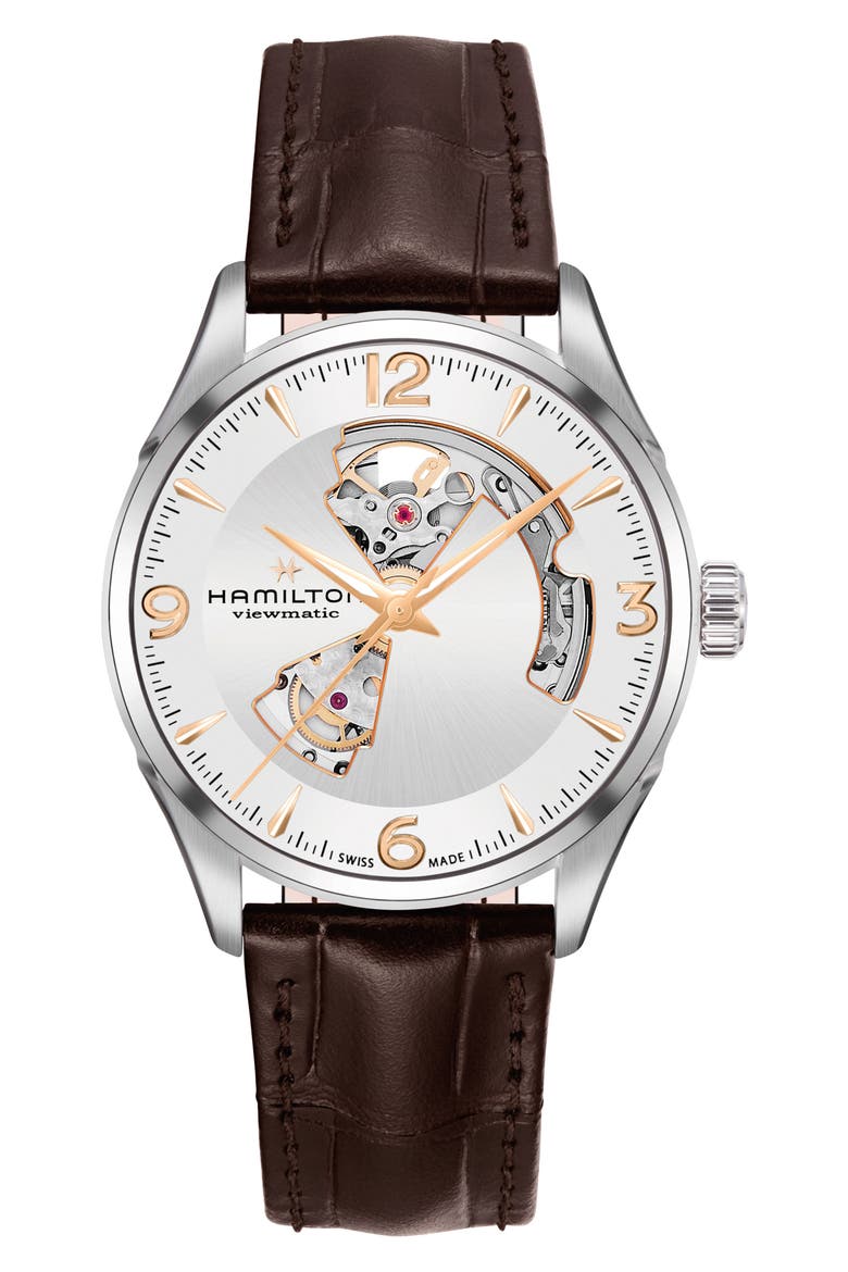 Jazzmaster Open Heart Automatic Leather Strap Watch, 42mm, Main, color, BROWN/ SILVER