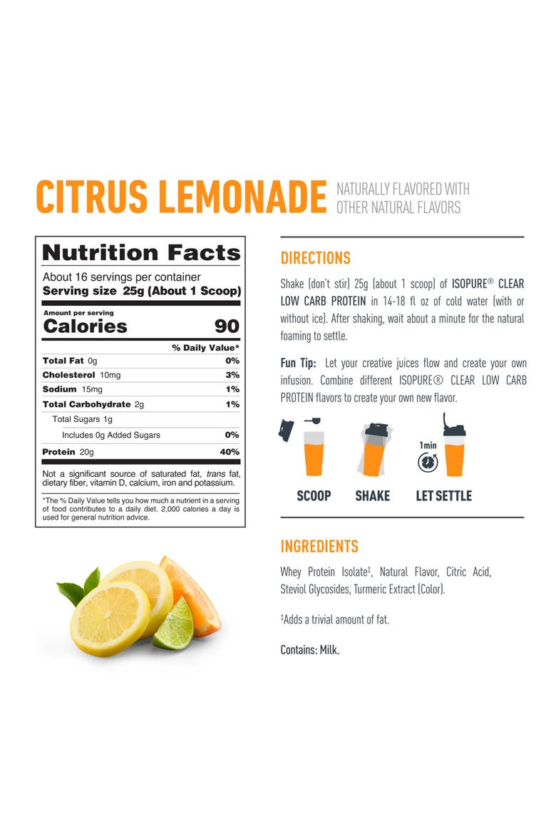 Clear Low Carb 100% Whey Protein Isolate Powder, Citrus Lemonade, 20g Protein, About 16 Servings, Alternate, color, None