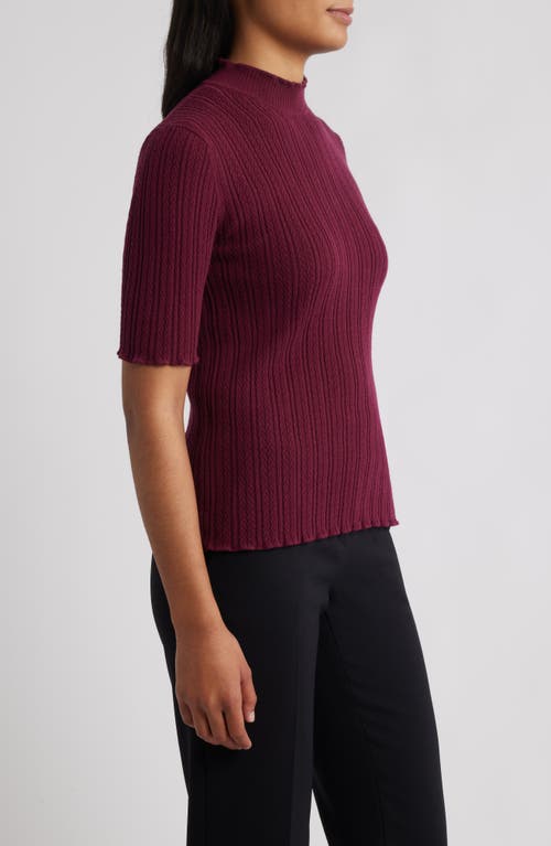 Anne Klein Mock Neck Short Sleeve Cotton Blend Sweater In Burgundy