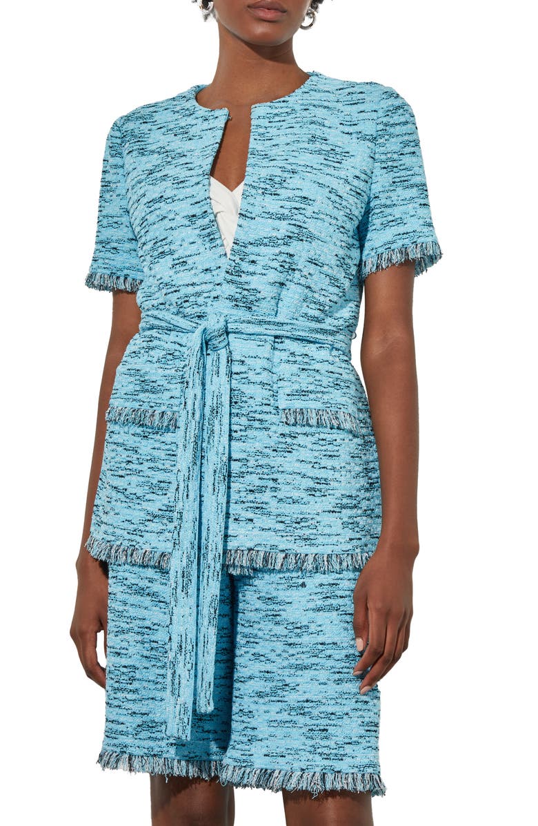 Ming Wang Fringe Trim Belted Short Sleeve Tweed Jacket, Main, color,