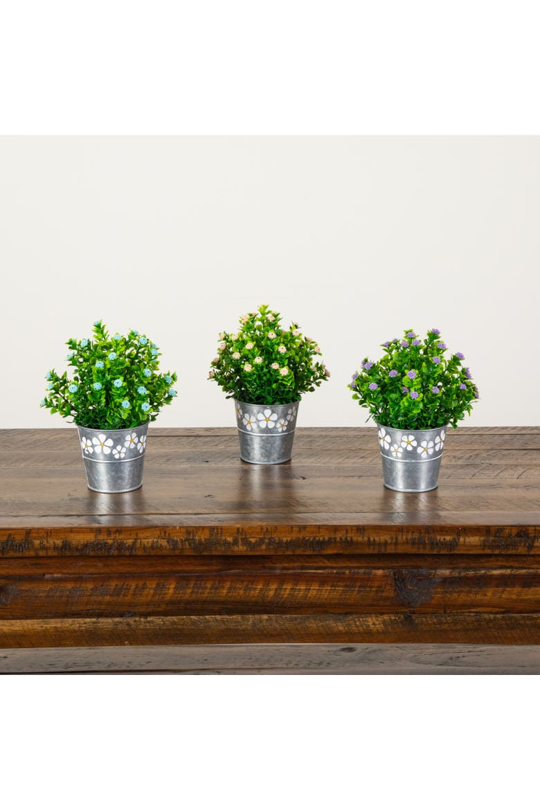 8-in Artificial Flowering Plant in Decorative Daisy Tin Planter - Set of 3, Alternate, color, Assortment 1