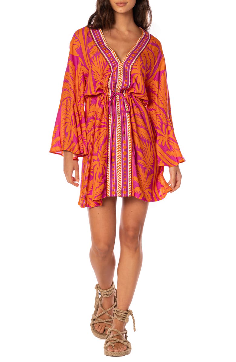 Maaji Flamingo Palm Enjoyable Long Sleeve Cover-Up Dress, Alternate, color, Bright Purple