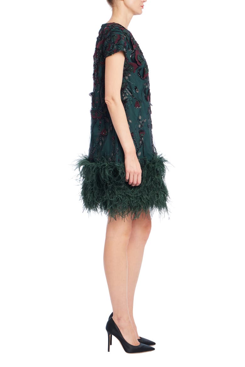 Beaded Ostrich Feather Hem Minidress, Alternate, color, PINE