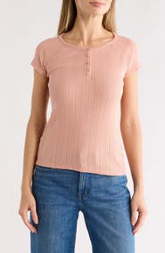Lucky Brand Pointelle Cap Sleeve Cotton Blend Henley