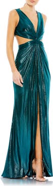 Ieena for Mac Duggal Sleeveless Metallic Cut Out Gown