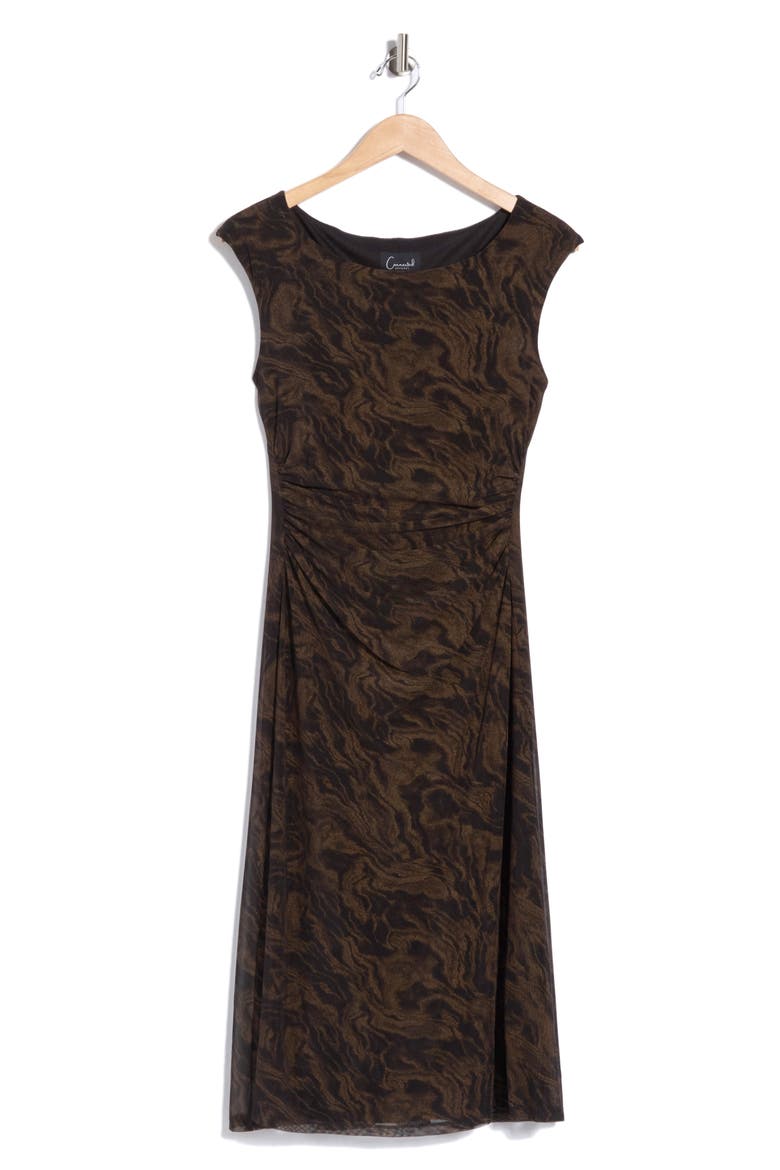 Marbleized Print Shirred Waist Mesh Midi Dress, Main, color, BRONZE