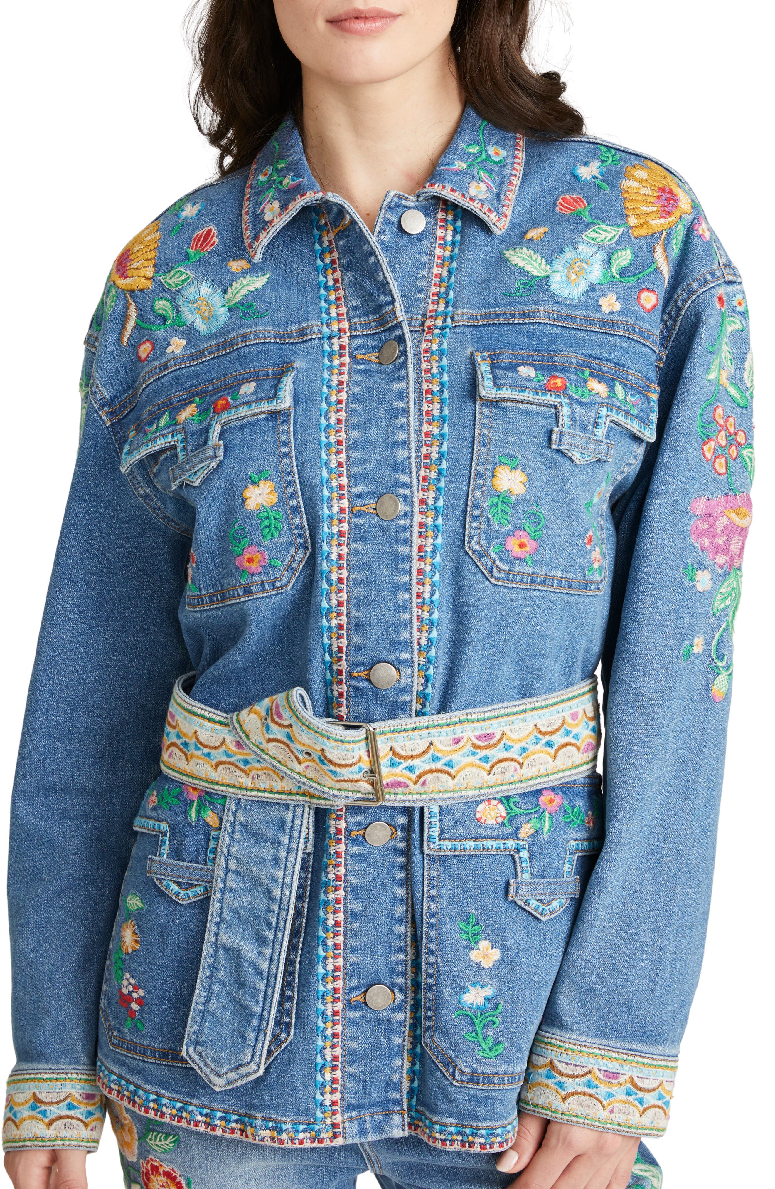 Gardenia Foulard Embroidered Belted Denim Jacket