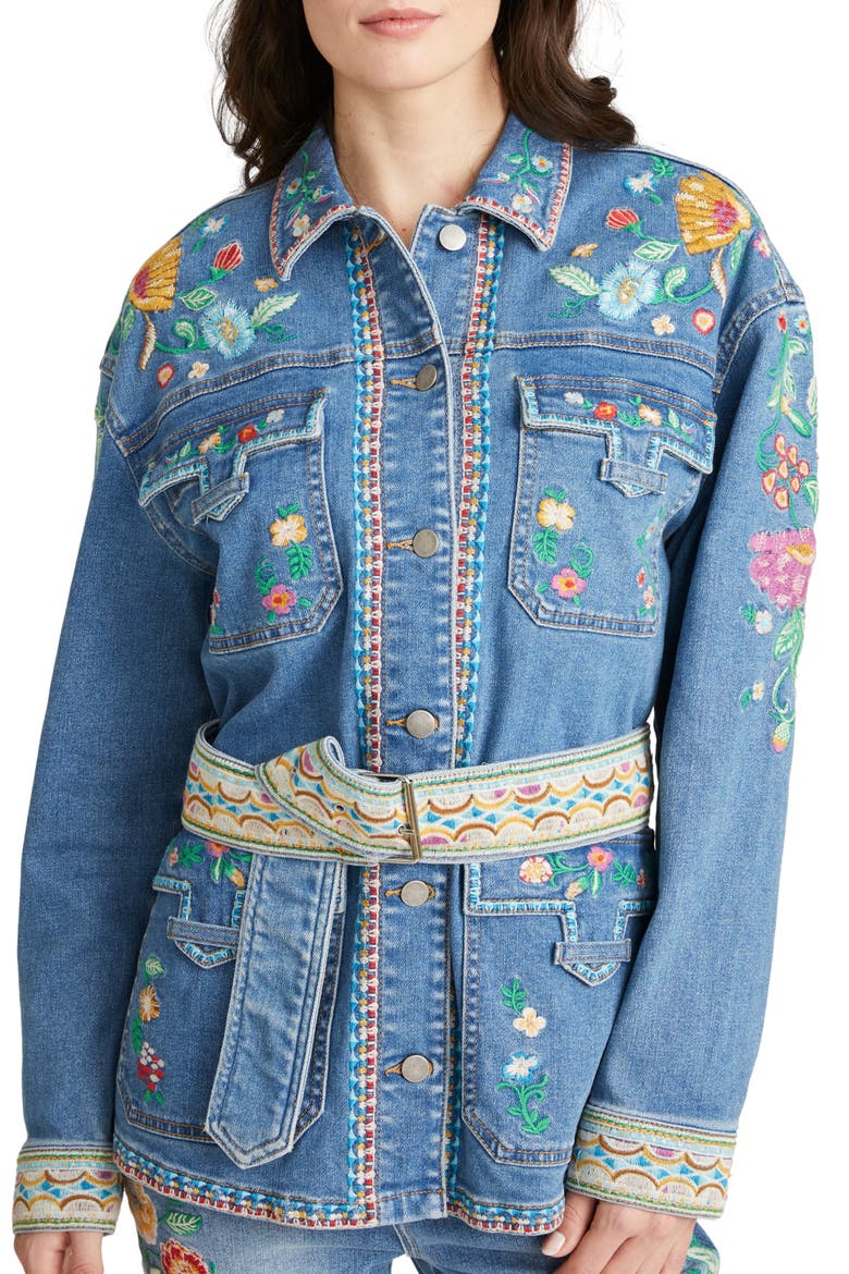 Gardenia Foulard Embroidered Belted Denim Jacket, Main, color, MEDIUM WASH