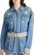Driftwood Gardenia Foulard Embroidered Belted Denim Jacket
