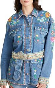 Driftwood Gardenia Foulard Embroidered Belted Denim Jacket