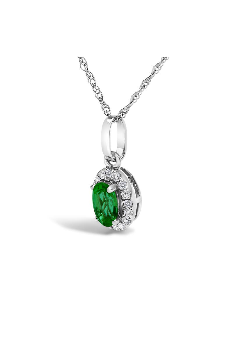 10K White Gold 5x3mm Gemstone and Diamond Accent Halo Oval Shape 18" Pendant Necklace, Alternate, color, Green Emerald | White