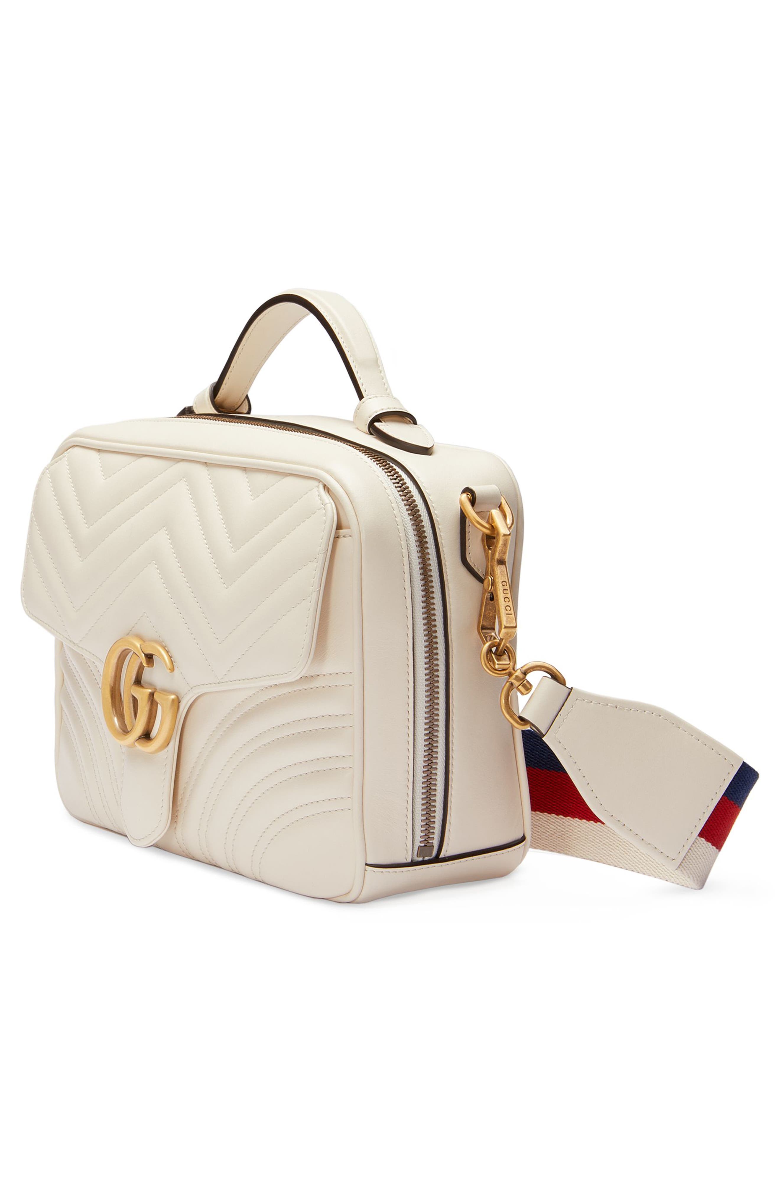 Small GG2.0 Matelassé Leather Camera Bag with Webbed Strap, Alternate, color, MYSTIC WHITE/ HIBISCUS RED