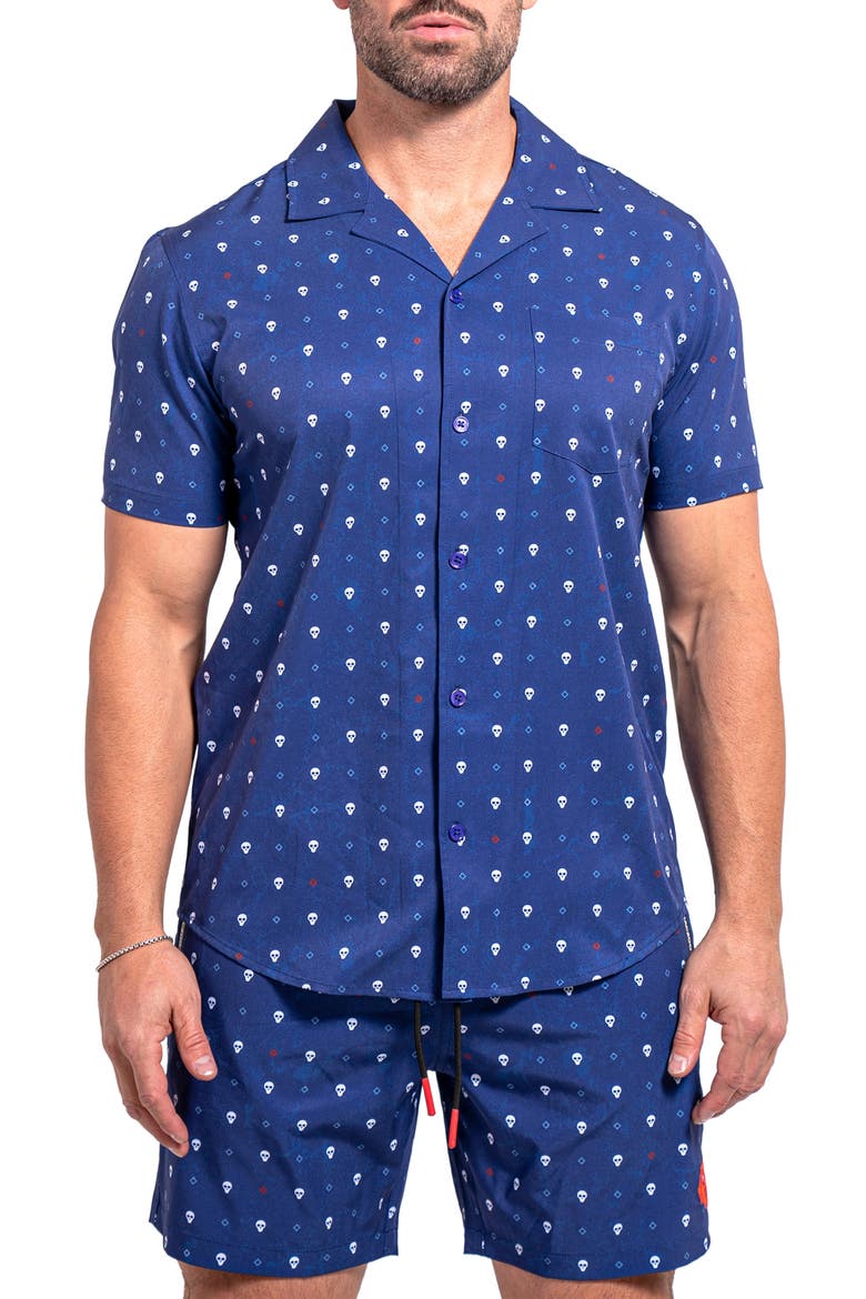 Beachskull Blue Short Sleeve Cotton Button-Up Shirt, Main, color, BLUE
