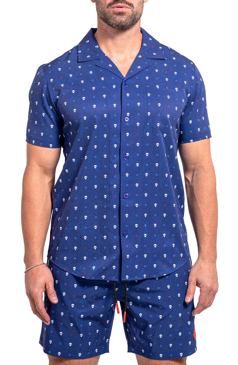 Maceoo Beachskull Blue Short Sleeve Cotton Button-Up Shirt, Main, color, Blue