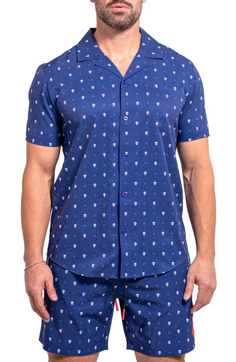 Beachskull Blue Short Sleeve Cotton Button-Up Shirt