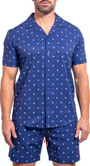 Maceoo Beachskull Blue Short Sleeve Cotton Button-Up Shirt