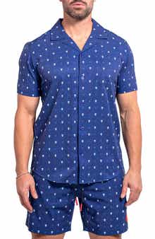 Maceoo Beachskull Blue Short Sleeve Cotton Button-Up Shirt