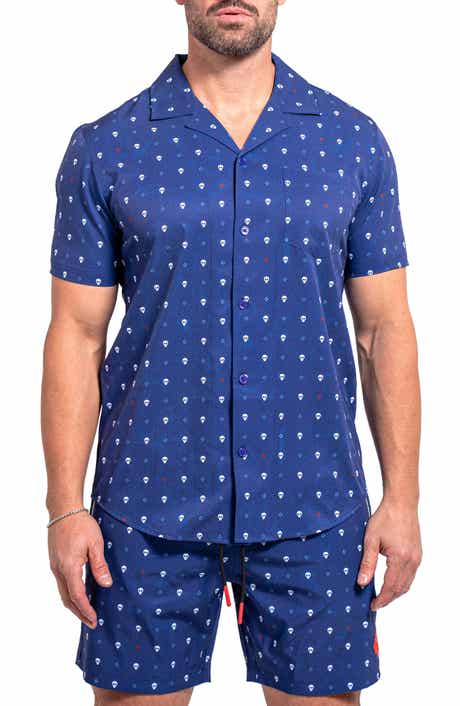 Maceoo Beachskull Blue Short Sleeve Cotton Button-Up Shirt