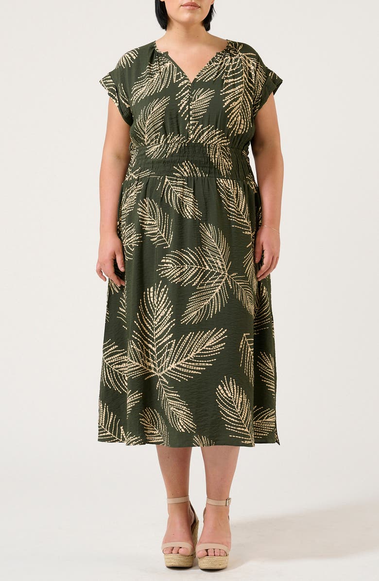 Estelle Palmer Leaf Print Midi Dress, Main, color, Green Print