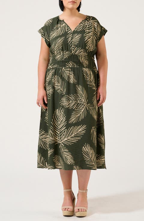 Palmer Leaf Print Midi Dress (Plus)