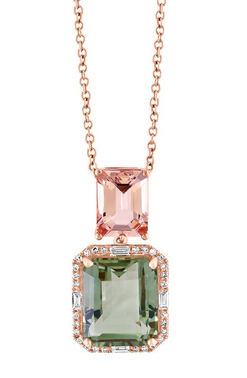 14K Rose Gold Diamond Prasiolite & Morganite Pendant Necklace