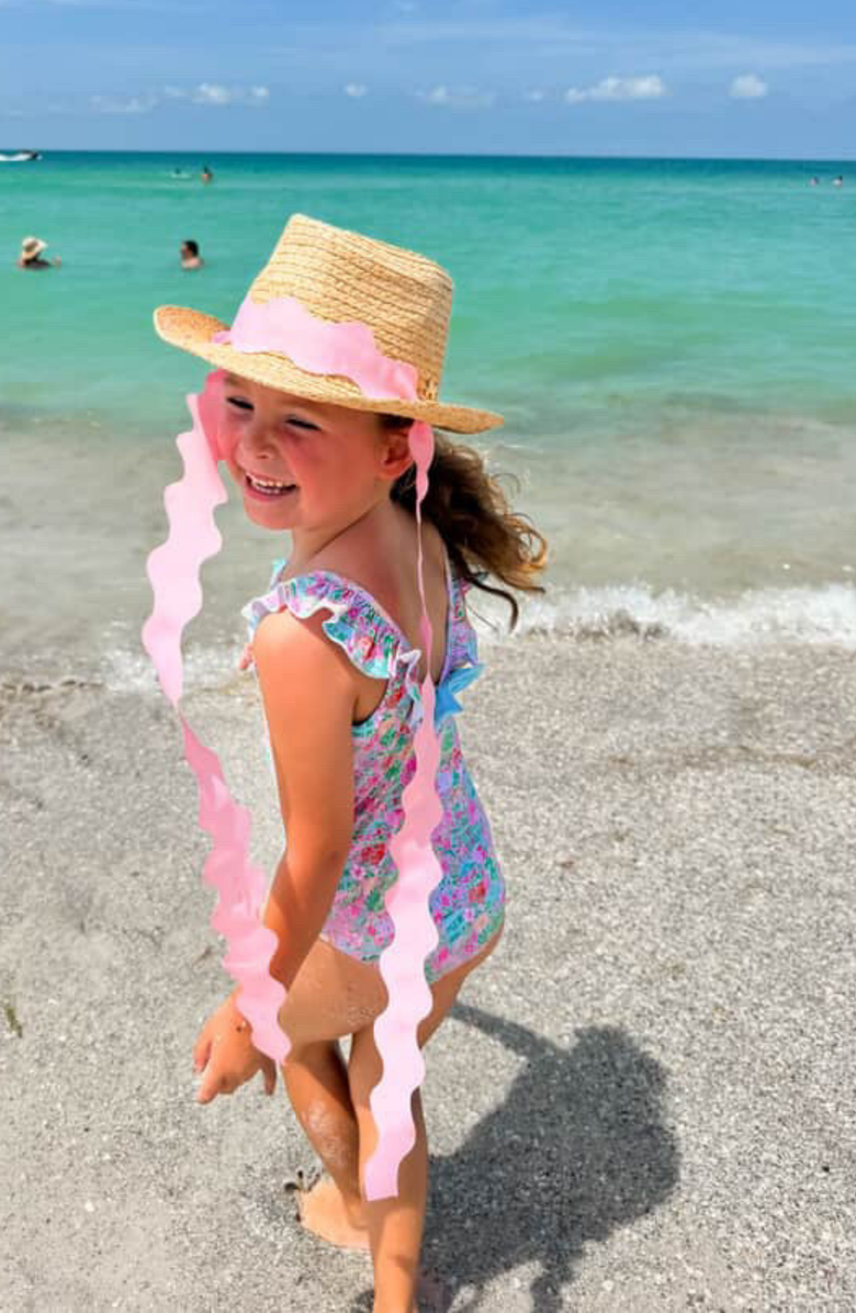 Bits & Bows Coastal Cowgirl Straw Scalloped Ribbon Women's Cowboy Hat, Alternate, color, Green