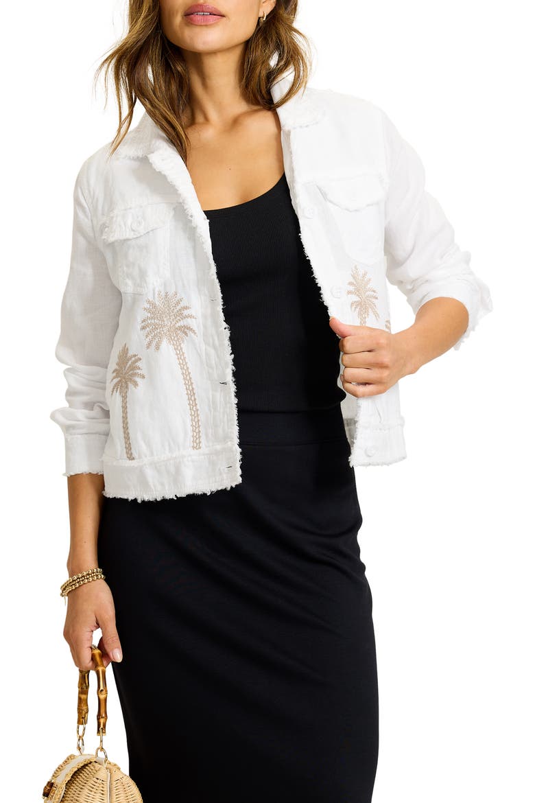 Embroidered Two Palms Raw Edge Linen Jacket, Main, color, WHITE