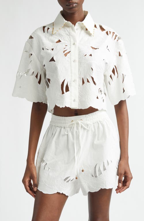 Zimmermann Mahon Embroidered Cotton Crop Shirt in Ivory at Nordstrom, Size 2