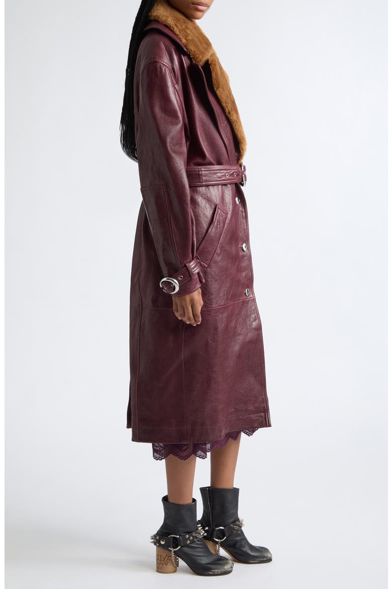 Genuine Shearling Trim Belted Leather Coat, Alternate, color, BURGUNDY